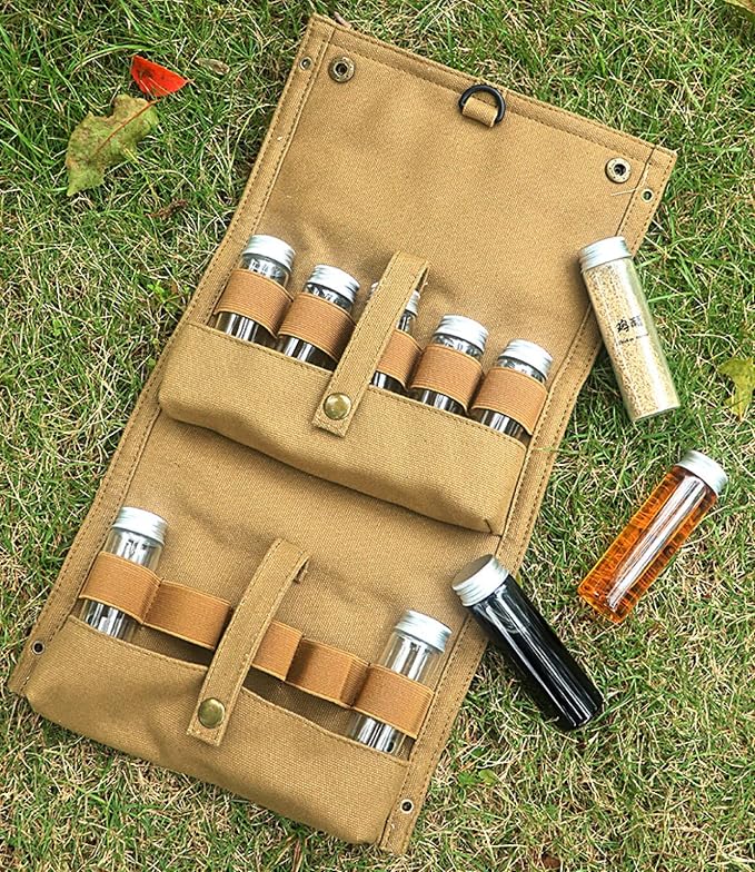 Travel Spice Kit, Portable Spice Bag with 10 Spice Jars, Canvas Seasoning Storage Bag Organizer, Seasoning Bottle Holder with Mini Condiment Bottle, Condiment Container Set for Outdoor Camping BBQ.