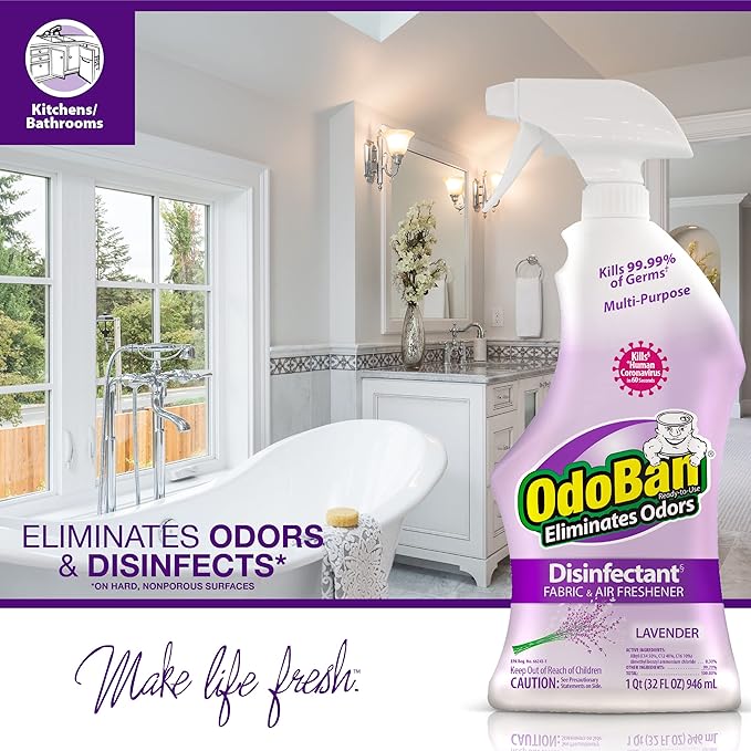OdoBan Ready-to-Use Disinfectant and Odor Eliminator, Made in the USA, Lavender Scent, Set of 3, 2 Spray Bottles, 32 Ounces Each and 1 Gallon Concentrate