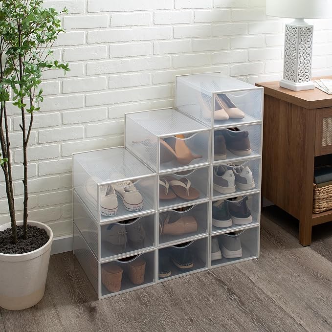 Simplify Set of 12 Stackable Shoe Boxes | Customizable | Fits Size 11 Shoes | Drop Front Design | Closet Storage | Sneakers | Heels | Clear and White