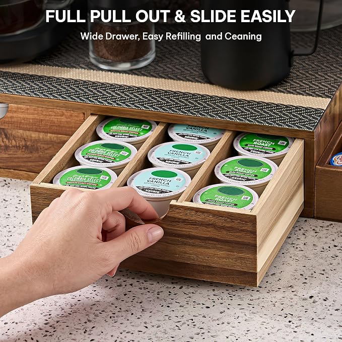 SMARTAKE Acacia Wooden K Cup Organizer Coffee Pod Storage Box | Coffee Pod Tea Organizer, K Pod Drawer Coffee Maker Stand, Kcup Holder for Countertop Kitchen Office Coffee Bar