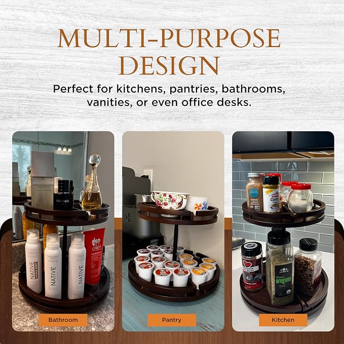 2 Tier Lazy Susan Organizer – 12" Bamboo Rotating Spice Rack Organizers with Adjustable Height Turntable for Cabinet, Pantry, Medicine Cabinet, Kitchen, Spinning Bathroom Counter Top Organizers