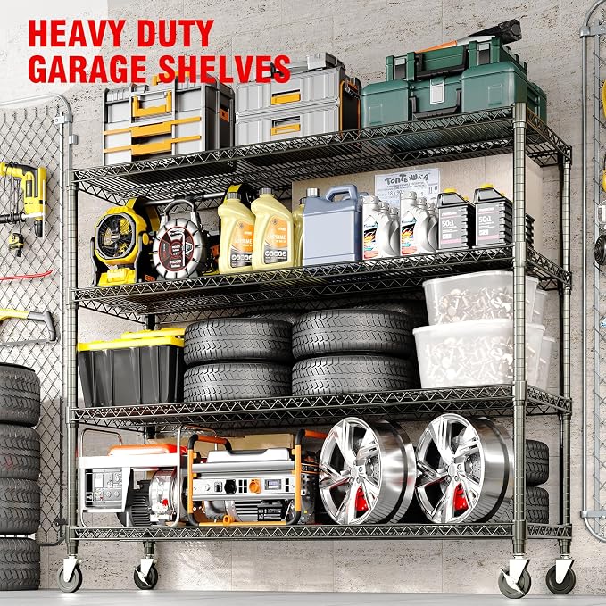Garvee Metal Shelving with Wheels 4-Tier, 71.8"H Storage Shelves Heavy Duty Rolling Rack Shelf with Lockable Casters, Adjustable Wire Shelving Units, for Garage Commercial Kitchen Pantry, 59" Wx17.7"D | 2560LBS, Adjustable Wire Shelving Units, Rolling ...