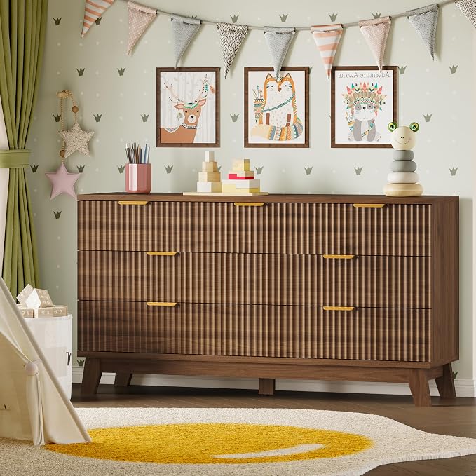 BORNOON Fluted 7 Drawer Dresser, 47.2" Wide Modern Boho Chest of Drawers, Wooden Storage Dresser TV Stand for Bedroom, Living Room, Closet, Hallway, Curved Profile Design