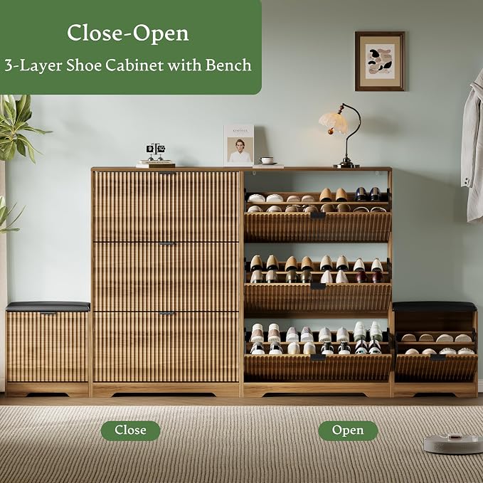 Xixini Shoe Storage Cabinet for Entryway with 3 Flip Drawers & Bench, Slim Wood Shoe Organizer with Modern Fluted Panel, Freestanding Narrow Shoe Rack for Front Door Entrance, Hallway, Foyer, Walnut