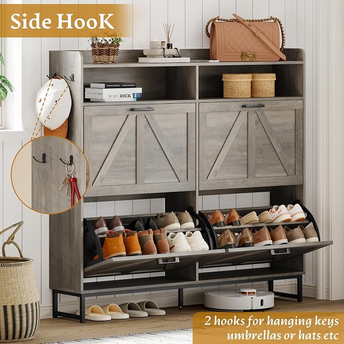 Wodeer Shoe Cabinet Storage for Entryway, Shoe Storage Cabinet with 4 Flip Drawers, Freestanding Narrow Shoe Rack Organizer with Metal Legs, Adjustable Shelves & Open Storage for Foyer, Hallway, Grey