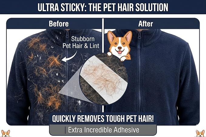 Extra Sticky Lint Roller, 3-Pack 300 Sheets, Pet Hair | Extra Sticky | Cat & Dog Hair | Straight-Cut Sheets | Navy Ergonomic Handles | Clothes | Furniture | 3 Complete Rollers