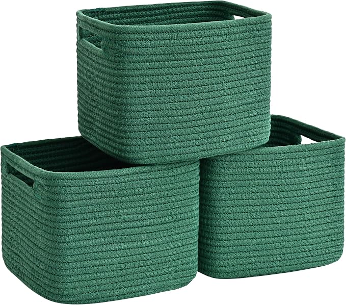 3 Pack Cube Storage Bin, 9”x9”x7” Cotton Rope Woven Baskets for Organizing Toys Clothes Towels, Square Gift Storage Baskets for Shelves, Nursery, Closet, Bathroom, Pantry (Green)