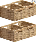 UBBCARE 4 Pack Wicker Basket, 13.4L×8.3H×7.1W inch Woven Paper Rope Storage Baskets for Shelves, Foldable Rectangular Storage Baskets with Handle, Storage Basket for Organizing, Natural