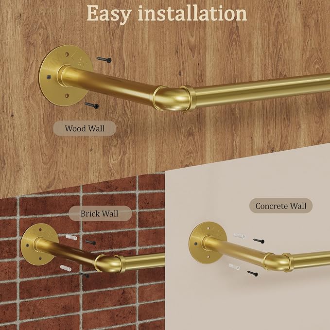 Wall Mounted Clothes Rack, Industrial Pipe Clothing Rack 60 Inch Gold, Wall Clothes Rod for Bedroom, Cloakroom, Closet, Hallway, Boutique Display, Wall-Mount Drying Racks for Laundry