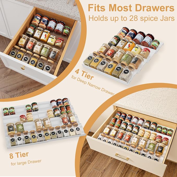 Spice Drawer Organizer 4 Tier, Adjustable White Kitchen Seasoning Rack Tray (13" to 26"), with Anti-Slip Mat, for Cabinet Countertop (Jars Not Included)-White