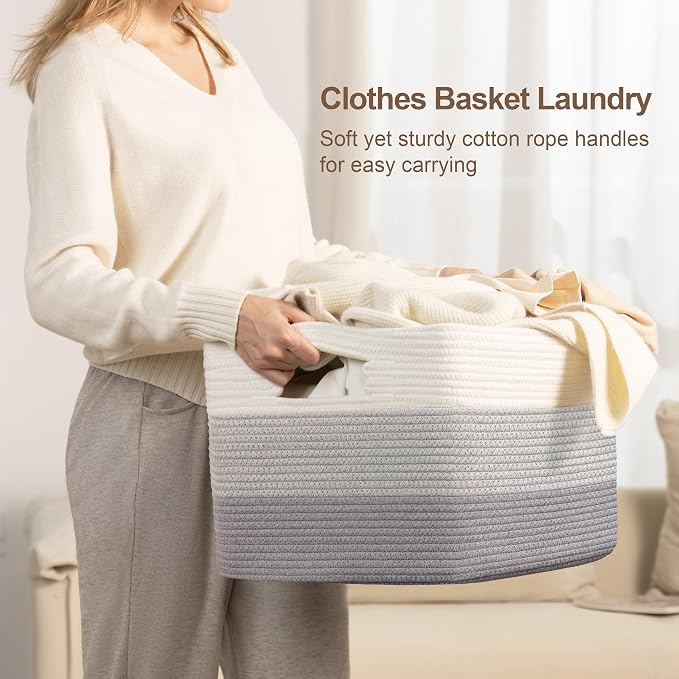 72L Large Woven Laundry Basket Hamper with Handles, Gradient Grey | 22"x17"x12", collapsible wicker hamper, storage for dirty clothes, toys, blankets, gifts, living room, bedroom, bathroom