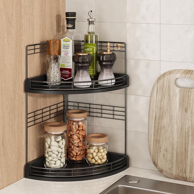 Bathroom Countertop Corner Organizer for Small Spaces, 2-Tier Counter Shelf | Oak Wood & Iron, Fan-Shaped Counter Shelf for Sink & Vanity Corners, Skincare, Toiletries, Compact Vertical Storage, Black