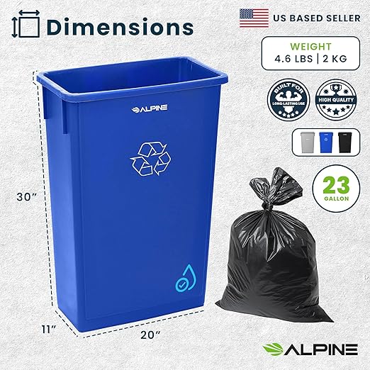 Alpine 23 Gallon Slim Recycling & Trash Bin Set – 3-Pack Blue/Black/Grey Plastic Narrow Open-Top Garbage Cans for Office, Home, School & Commercial Use