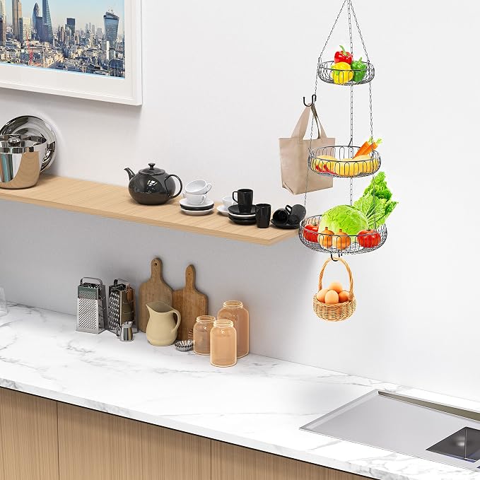 Simple Houseware Adjustable Metal Hanging Fruit Basket, Oblate, Black, 11" W x 11" L x 30" H | 11" W x 11" L x 30" H