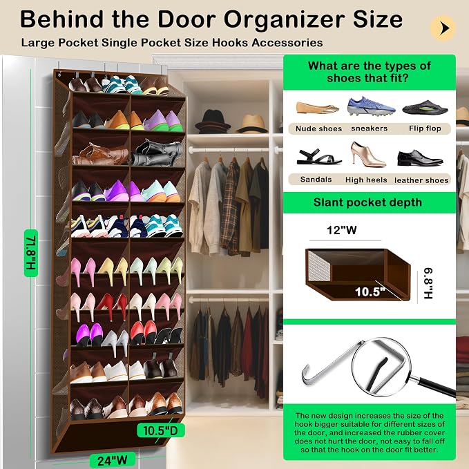 Kotkn 10-Tier Over the Door Shoe Organizer, 20 Pockets Holds 20-30 Pairs, Heavy-Duty Oxford Fabric with Hexagon Mesh for Boots & Sneakers-Coffee Brown