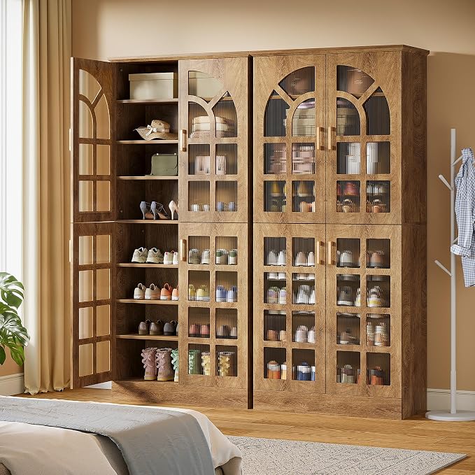 Tribesigns Tall Shoe Cabinet with Doors and Led Lights, 8-Tier Wooden Shoe Rack Organizer with Adjustable Shelves, Narrow Shoe Storage Cabinet for Entryway, Hallway, Living Room, Brown, 2PCs