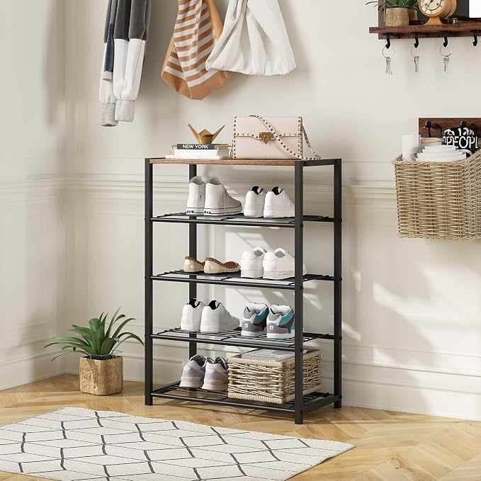Yusong Shoe Rack Organizer, 5 Tier Industrial Shoe Storage Shelf, Narrow Sturdy Metal Shoe Shelves for Closet Entryway, Rustic Brown