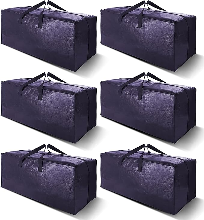 VELVETSURE Heavy Duty Extra Large Moving Bags W/Backpack Straps - Strong Handles & Zippers, Storage Totes For Space Saving, Fold Flat, Alternative to Moving Box and Storage Bin (Set of 6, Blue)