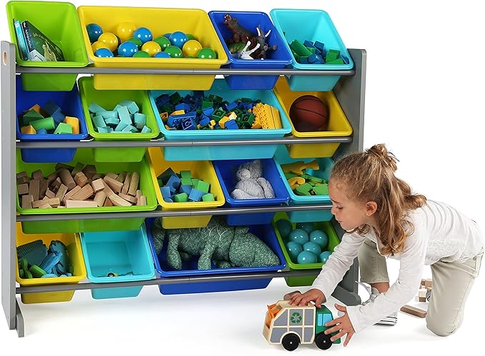Humble Crew Toy Storage Organizer with 16 Removable Storage Bins for Kids Playroom, 4-Tier Toddler Toy Organization and Storage, Grey/Blue/Green/Yellow