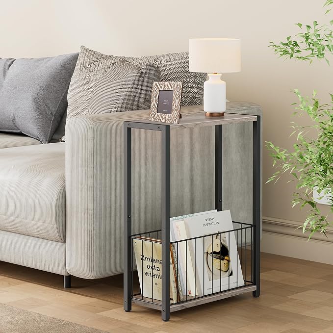 Homleke Narrow Side Tables Set of 2 with Magazine Holder, Skinny End Tables | Space-Saving Design, Small Spaces, Storage Shelf, Metal Frame, Easy Assembly, 7.1" D x 16.9" W x 23.6" H, Greige