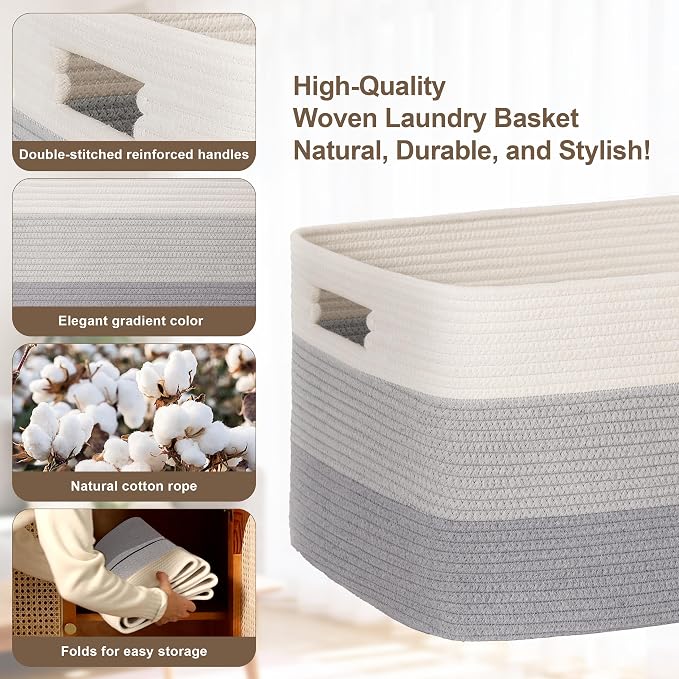 45L Small Woven Laundry Basket Hamper with Handles, Gradient Grey | 18"x14"x11", collapsible wicker hamper, storage for dirty clothes, toys, blankets, gifts, living room, bedroom, bathroom