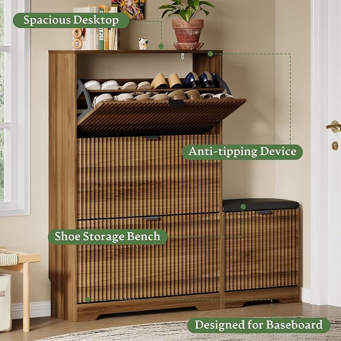 Xixini Shoe Storage Cabinet for Entryway with 3 Flip Drawers & Bench, Slim Wood Shoe Organizer with Modern Fluted Panel, Freestanding Narrow Shoe Rack for Front Door Entrance, Hallway, Foyer, Walnut