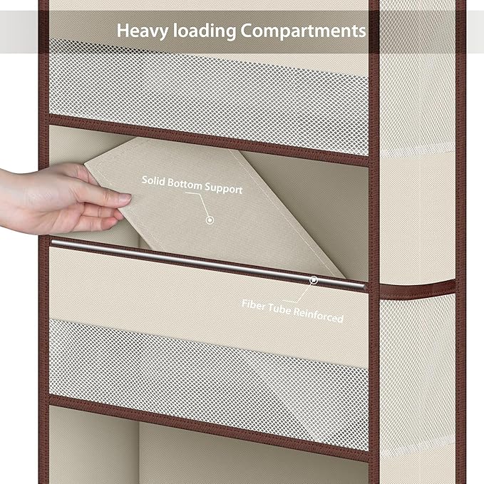 Univivi 6 Tier Over The Door Organizer With 8 Mesh Side Pockets, Bathroom Organizers and Storage Over The Door Organizer For Nursery Baby Essentials (Beige)