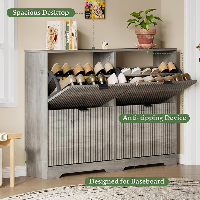 Xixini Shoe Storage Cabinet for Entryway with 4 Flip Drawers, Hidden Slim Wood Shoe Organizer with Modern Fluted Panel, Freestanding Narrow Shoe Rack for Front Door Entrance, Hallway, Foyer, Grey