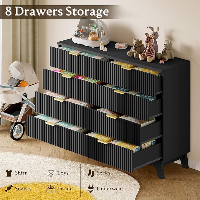 BORNOON Fluted 8 Drawer Tall Dresser, 47.2" Wide Modern Boho Chest of Drawers, Wooden Storage Dresser TV Stand for Bedroom, Living Room, Closet, Hallway, Curved Profile Design