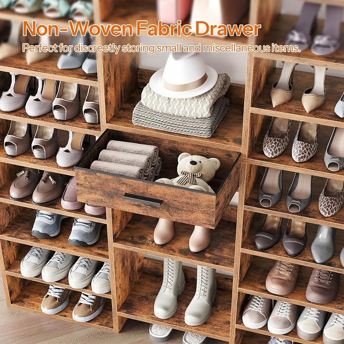 HOOBRO 10 Tier Shoe Rack Tall, 47" Large Wooden Shoe Rack Organizer, 61" Tall Shoe Shelf with Cubbies and Fabric Drawer, for 25-33 Pairs of Shoes, Entryway Shoe Organizer, Rustic Brown FG10SC01
