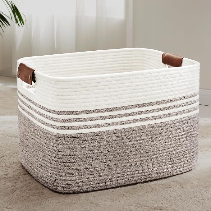 86L Woven Laundry Basket Hamper with Leather Handles,Dark Brown | 24"x16"x14", collapsible wicker hamper, storage for dirty clothes, toys, blankets, gifts, living room, bedroom, bathroom