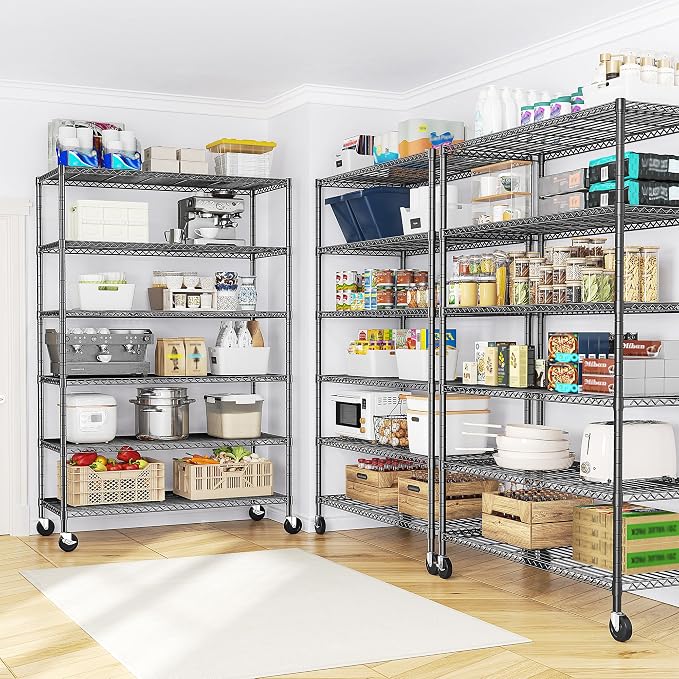 Romorgniz Storage Shelves with Wheels, 6 Tier Wire Shelving Adjustable Metal Shelving Pantry Shelves Capacity 1200LBS for Garage, Pantry, Kitchen, Office,82" H X45 W X18 D,Black,4P