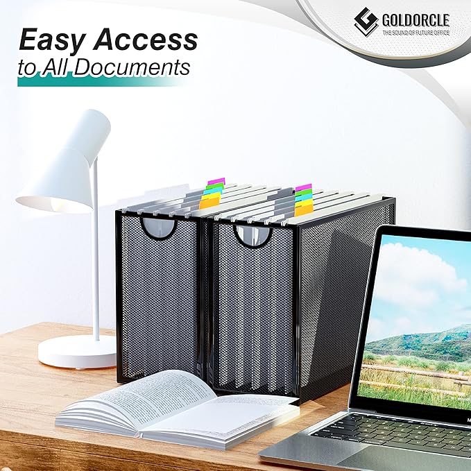 Hanging File Organizer, Letter-Size File Holder Filing Box with 5 Hanging Folders, Metal Mesh Desk File Folder Storage(No Assembly Required) (White, with 5 Grey Folders)