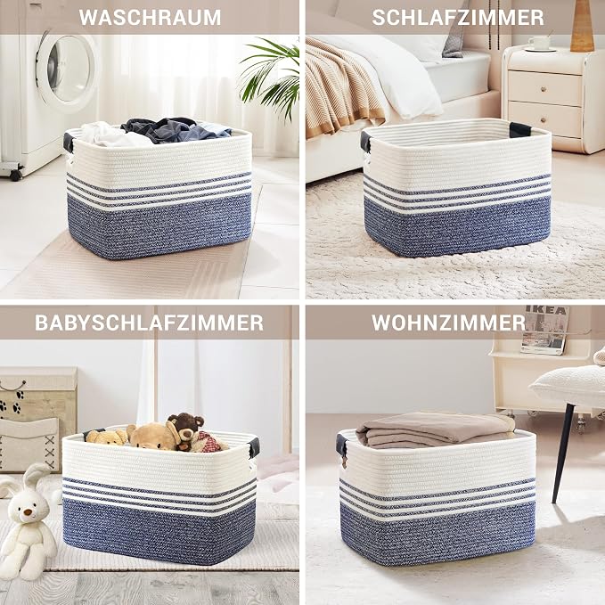 86L Woven Laundry Basket Hamper with Leather Handles,Denim Blue | 24"x16"x14", collapsible wicker hamper, storage for dirty clothes, toys, blankets, gifts, living room, bedroom, bathroom