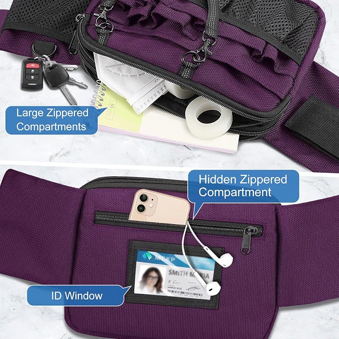 SITHON Nurse Fanny Pack with Tape Holder, Multi Compartment Medical Gear Pocket Nursing Organizer Belt Bag, Apron Hip Bag Utility Waist Pack for Stethoscopes Bandage Scissors Medical Supplies (Purple)