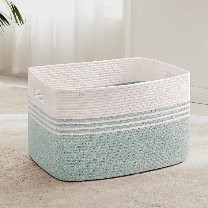 72L Large Woven Laundry Basket Hamper with Handles, Green | 22"x17"x12", collapsible wicker hamper, storage for dirty clothes, toys, blankets, gifts, living room, bedroom, bathroom