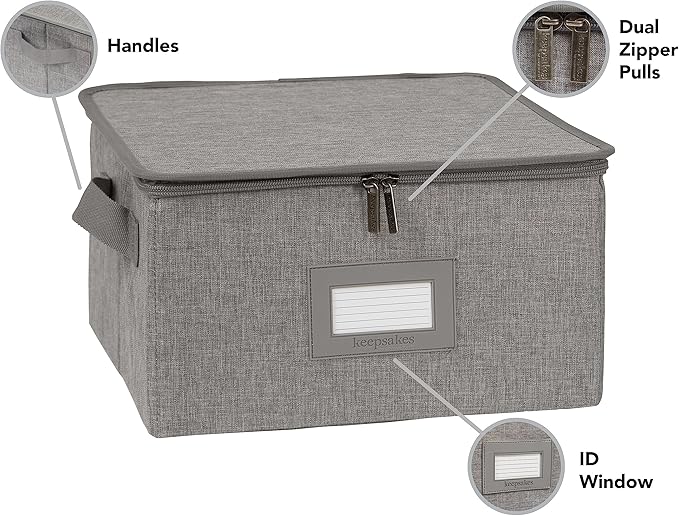 Covermates Keepsakes Zip-Top Storage Box Set, 3 Pack Heavy Duty Polyester Organizer Bins, Stackable Design, ID Window, Reinforced Handles, Closet Home Storage, Grey Heather