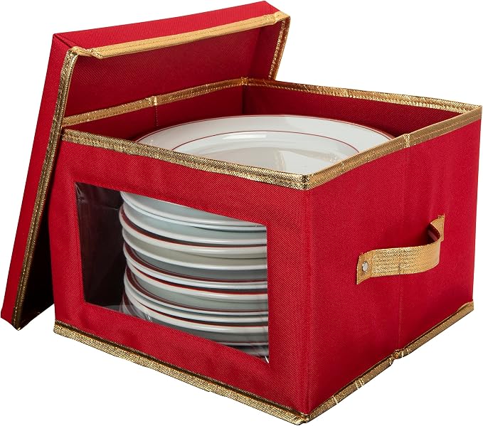 Simplify Holiday Dinner Plate Dinnerware Storage Box | 12.2 Inch | Christmas China | 12 Felt Dividers | Tableware Setting | Red