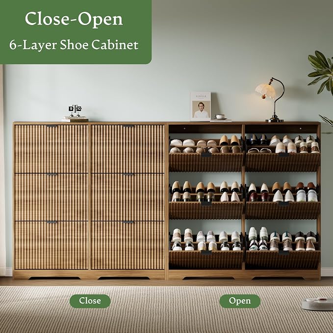 Xixini Shoe Storage Cabinet for Entryway with 6 Flip Drawers, Hidden Slim Wood Shoe Organizer with Modern Fluted Panel, Freestanding Narrow Shoe Rack for Front Door Entrance, Hallway, Foyer, Walnut