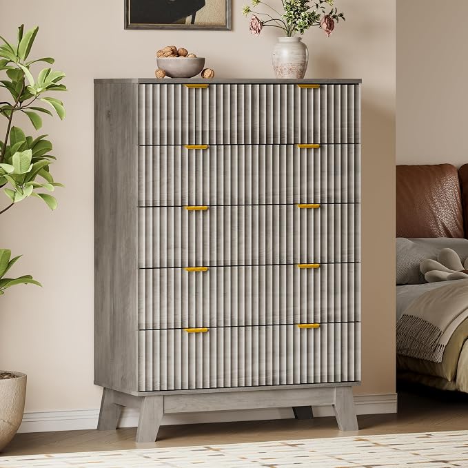 BORNOON 46" Tall Dresser for Bedroom, 6-Drawer Fluted Chest of Drawers, Modern Wood Highboy with Deep Storage, Metal Slides and Handles, Anti-Tip Kit, Vertical Clothes Organizer for Apartment, Nursery