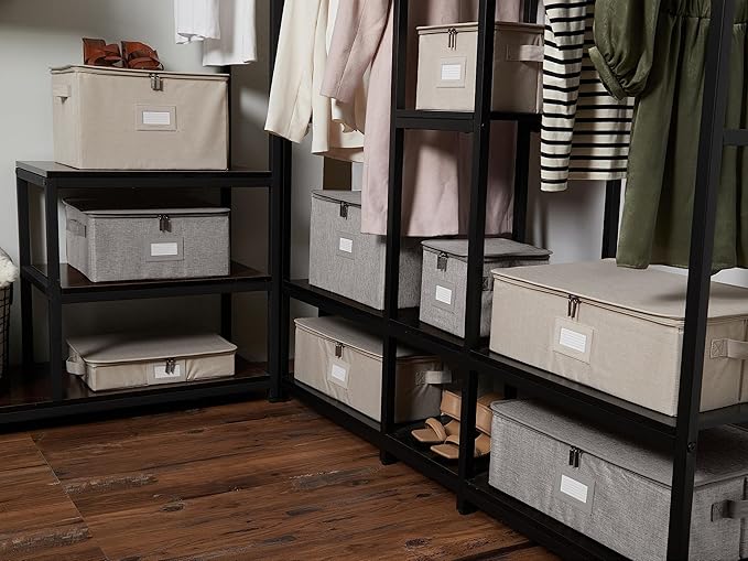 Covermates Keepsakes Zip-Top Storage Box Set, 3 Pack Heavy Duty Polyester Organizer Bins, Stackable Design, ID Window, Reinforced Handles, Closet Home Storage, Grey Heather