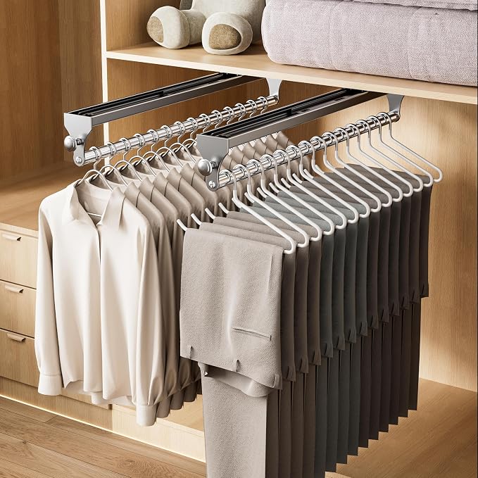 Pull Out Closet Rod, 13.7inch Heavy Duty Pants Rack, Adjustable Clothes Hanger Rail, Space Aluminum Valet Rod, Top Mounted Wardrobe Clothes Organizer, Closet Storage for Trousers Coats Gray