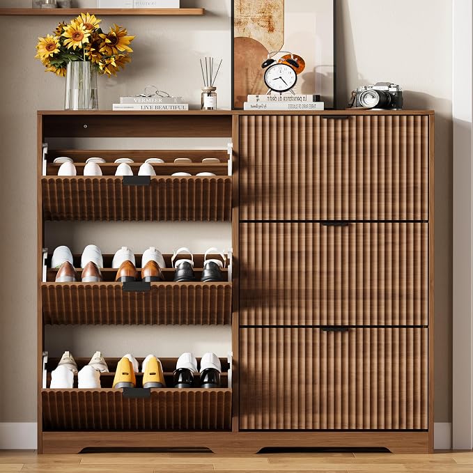 Shoe Cabinet Storage for Entryway with 6 Flip Drawers, Walnut Fluted Shoe Cabinet with Adjustable Shelves, Wooden Hidden Shoe Rack Freestanding Narrow Slim Shoes Storage for Hallway, Entrance