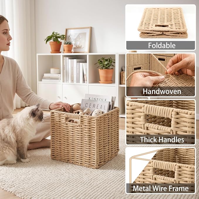 Cotton Rope Cube Storage Baskets Set of 2, 11 Inch Foldable Cubby Organizer Bins with Handles, Handwoven Square Basket for Organizing, Cube Closet Storage Bins for Shelves, Home Decor