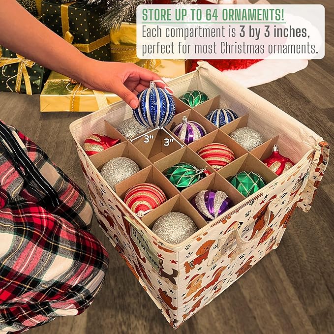 VENO 2 Pack Christmas Ornament Storage Box, Stores up to 64 Holiday Ornaments, Adjustable Dividers, Zippered Top, Storage bins with lids for holiday decorations-3 Inch Cube Compartments (Holiday Pups)