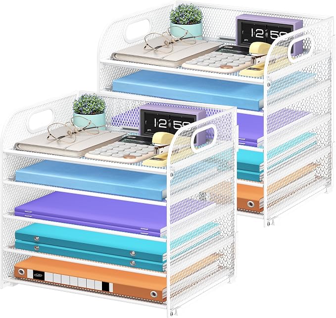 Cawukege 2 Pack 5 Tier Paper Organizer, Letter Tray with Handle, Mesh Desk Organizer, Metal File Organizer, Office Desk Accessories for Home, Office, Classroom, School -White