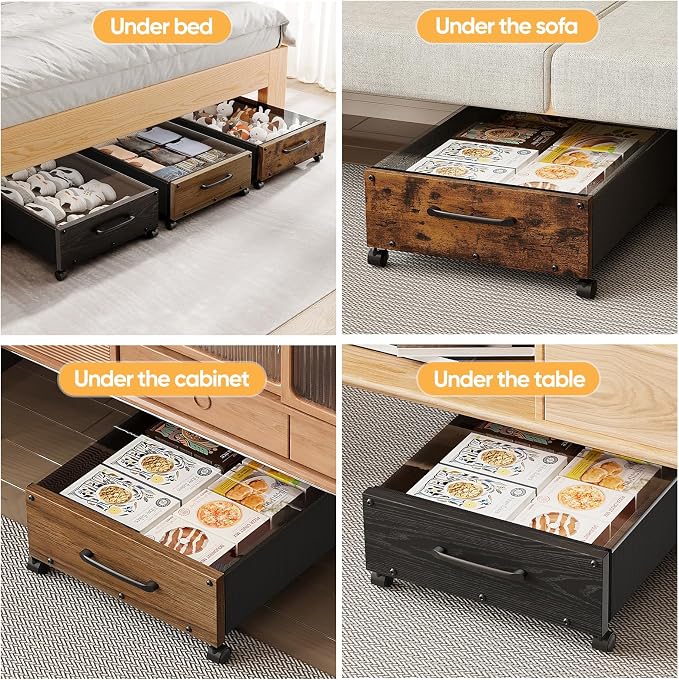 KITHELP Under Bed Storage with Wheels, Wooden Under Bed Drawers 2 Packs, Rolling Underbed Storage Containers Organizer with Handle Removable Lid, Heavy Duty Metal Frame for Clothes Shoe Books(Black)