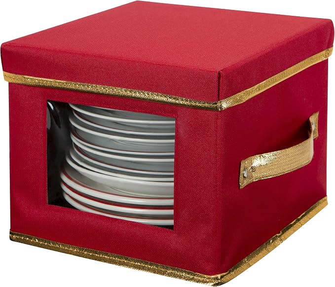 Simplify Holiday Salad Plate Dinnerware Storage Box | 9.45 Inch | Christmas China | 12 Felt Dividers | Tableware Setting | Red