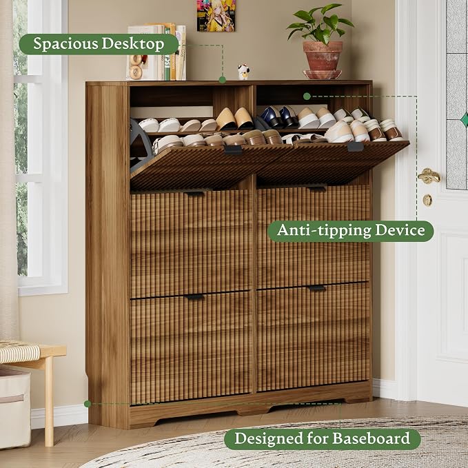 Xixini Shoe Storage Cabinet for Entryway with 6 Flip Drawers, Hidden Slim Wood Shoe Organizer with Modern Fluted Panel, Freestanding Narrow Shoe Rack for Front Door Entrance, Hallway, Foyer, Walnut