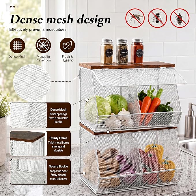 Teenyyou 2 Pcs Stackable Mesh Fruit Basket with Lid Wall Produce Vegetable Storage Basket Onion Potato Hanging Metal Wire Container for Kitchen Counter Pantry (Divided,White,8.3"w & 13.8"L)